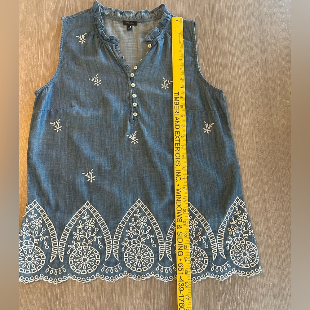 TALBOTS Ruffle Trim Embroidered Denim Shell Blue Tencel Lyocell Womens Sz Small. - Picture 10 of 10